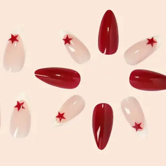 Women'sMinimalist Red Star White French Fake Nails, Waterproof - Picture 6 of 6